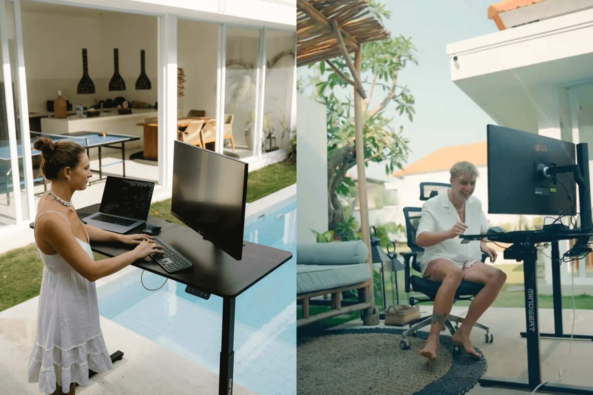 A MindSeat height-adjustable desk in standing position beside a villa pool