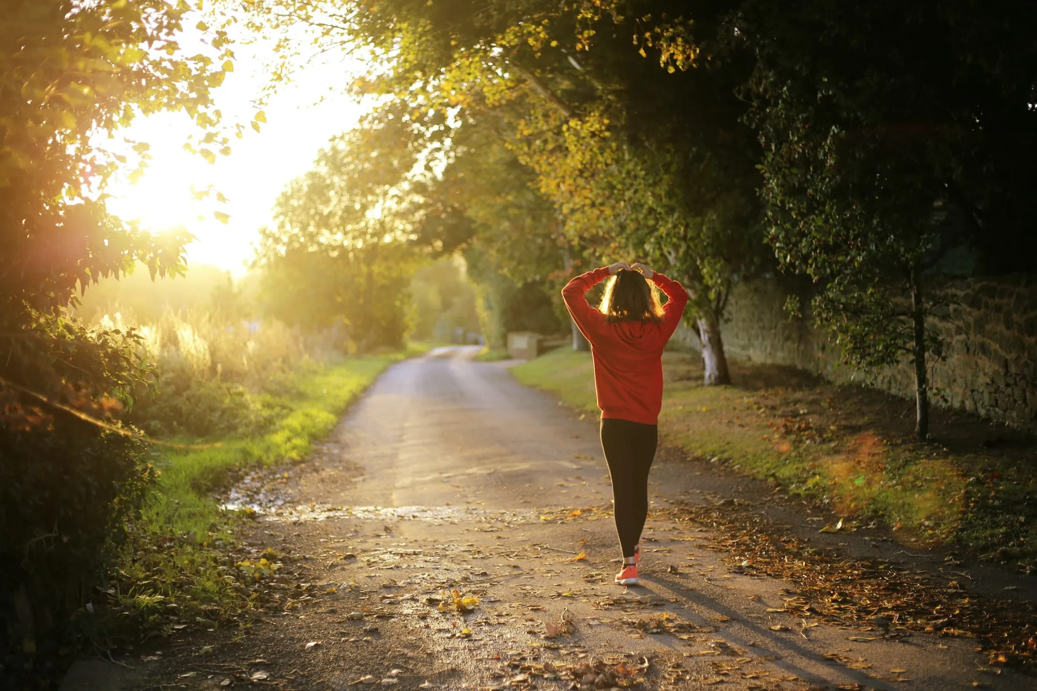 A woman walking along a sunlit forest road